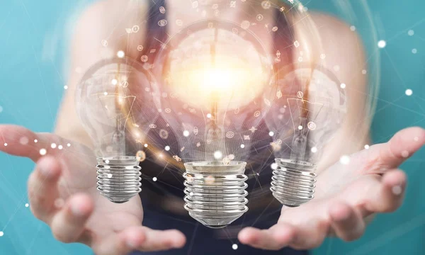 Zakenvrouw moderne lightbulbs aansluiten met de 3D-r verbindingen — Stockfoto