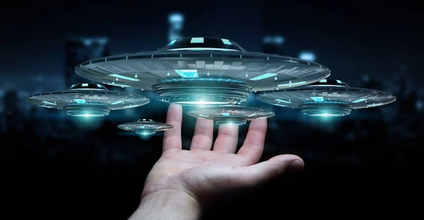 Uomo d'affari con astronave retrò UFO rendering 3D — Foto Stock