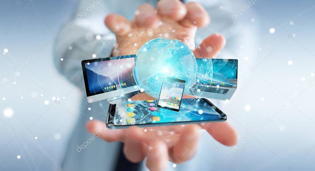 Businessman connecting tech devices and icons applications 3D re