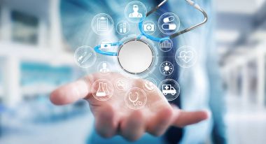 Holding ve kayan stetoskop 3d renderi dokunmadan işadamı