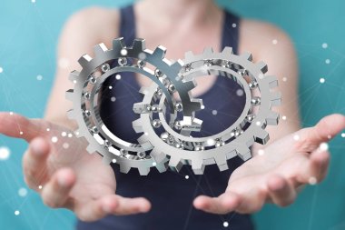 Kayan modern dişli mekanizması 3B oluşturmayı kullanarak iş kadını