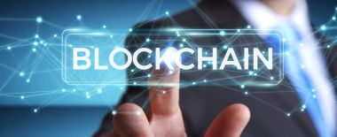 İşadamı blockchain cryptocurrency arabirimi 3d renderi kullanarak