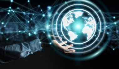 Planet earth ağ küre 3d işlemesini kullanan iş adamı
