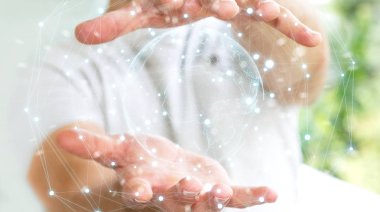 Planet earth ağ küre 3d işlemesini kullanan iş adamı