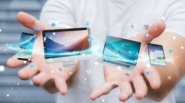 İşadamı teknik cihazlar ve simgeler uygulamaları 3d re bağlanılıyor