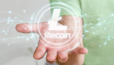 İşadamı litecoins cryptocurrency 3d işleme kullanarak