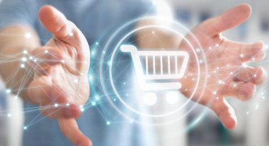 Dijital alışveriş simgeleri kullanarak bağlantıları 3d ren ile işadamı