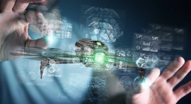 Modern dron 3d işlemesini kullanan iş adamı