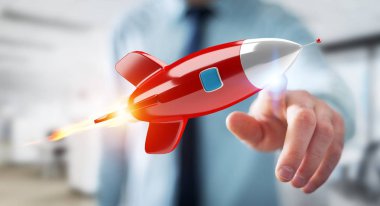 Holding ve bir roket 3d render dokunmadan işadamı
