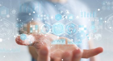 Dijital ekranlar 3d renderin hologramlar verileri kullanarak iş adamı
