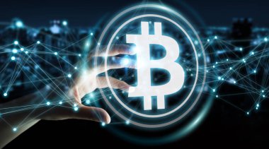 Bitcoins cryptocurrency 3d rendering kullanarak iş kadını