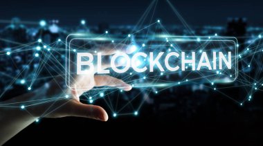 Blockchain cryptocurrency arabirimi 3d rende kullanarak iş kadını