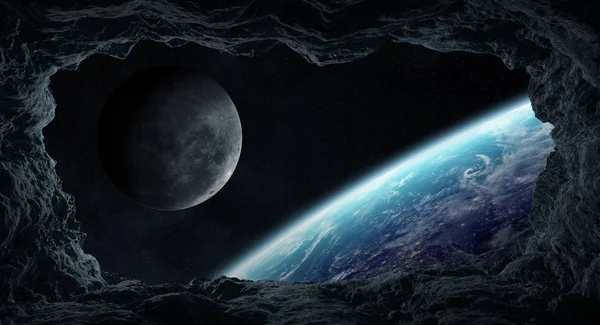 Asteroïden vliegen dichtbij van planeet aarde 3d rendering elementen van — Stockfoto