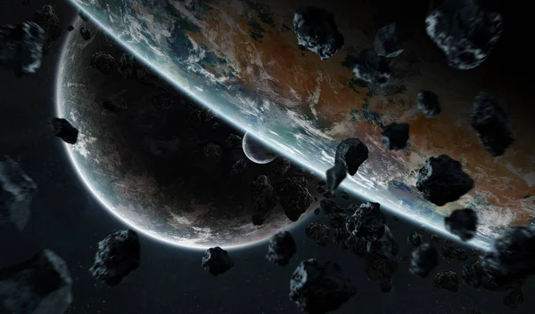 Sistema de planetas distantes en el espacio con exoplanetas 3D renderizado elem — Foto de Stock