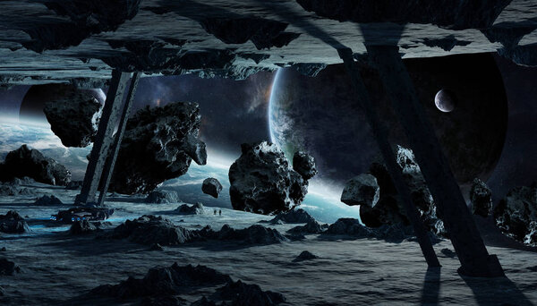 Astronauts exploring a huge asteroid alien spaceship in space 3D rendering elements of this image furnished by NASA