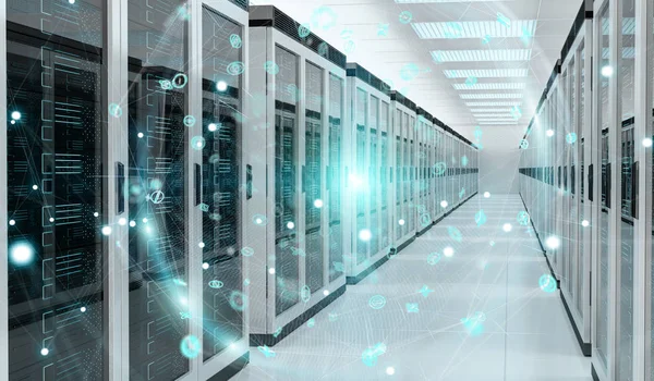 Jorden-nätverket som flyger över server rum data center 3d-rendering — Stockfoto