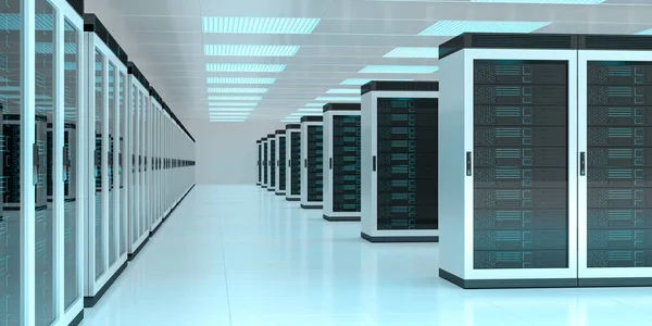 Centro de sala de servidor troca de dados cibernéticos renderização 3D — Fotografia de Stock
