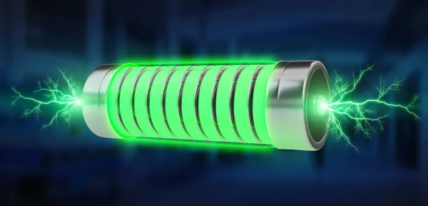Зеленая батарея с молниями 3D рендеринг — стоковое фото