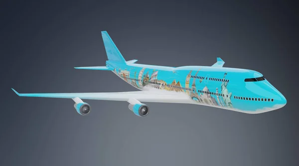 Samolot z słynnych atrakcji świata renderowania 3d — Zdjęcie stockowe