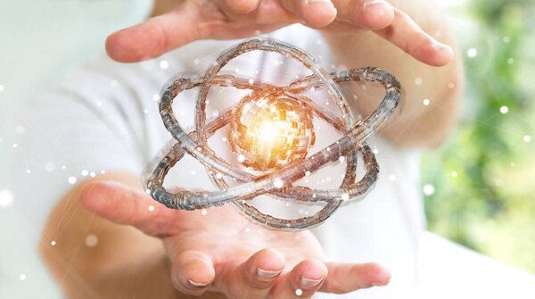 Businessman using futuristic torus textured object 3D rendering