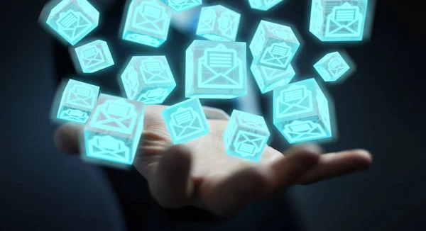 Empresario que usa correos electrónicos de cubo flotante representación 3D — Foto de Stock