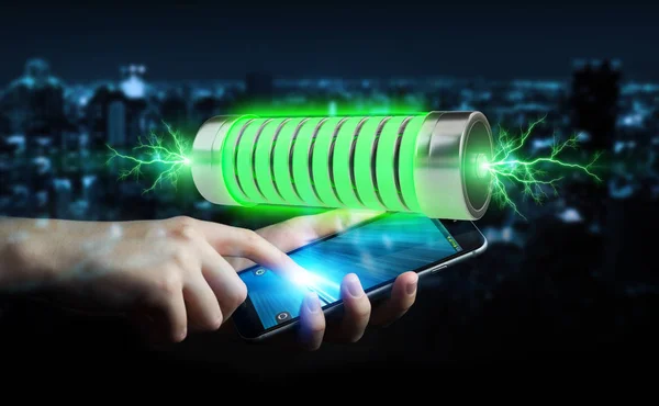 Businessman using green battery with lightnings 3D rendering — Stock Photo, Image