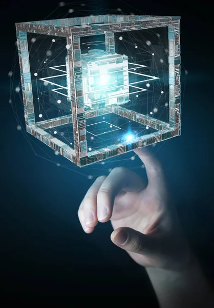 Empresária usando cubo futurista objeto texturizado renderização 3D — Fotografia de Stock