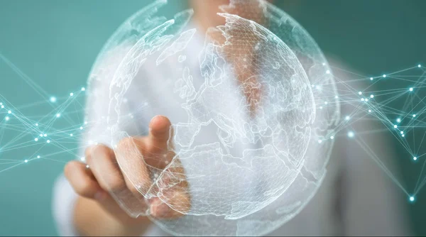 Affärskvinna med planeten jorden nätverk sphere 3d rendering — Stockfoto