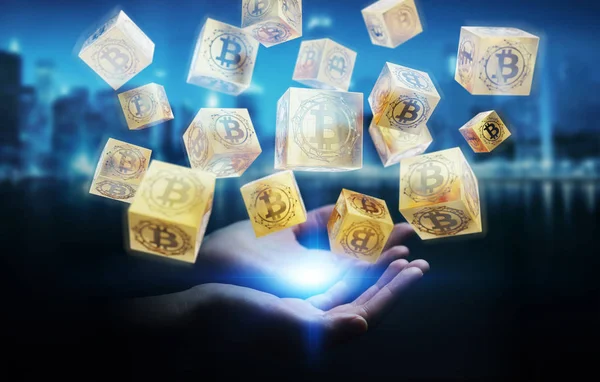 Businesswoman usando bitcoins cryptocurrency 3D rendering — Foto de Stock