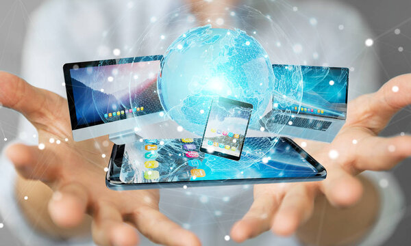 Бизнесмен, соединяющий технологические устройства и иконки 3D re
