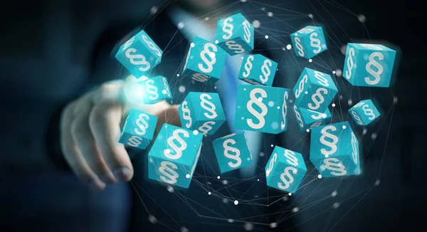 Geschäftsmann verwendet 3D-Rendering-Gesetzeswürfel — Stockfoto