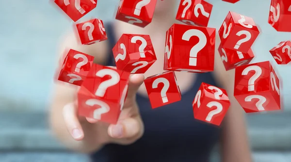 Businesswoman using cubes with 3D rendering question marks — Stock Photo, Image