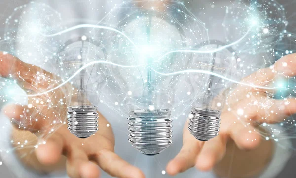Zakenvrouw moderne lightbulbs aansluiten met de 3D-r verbindingen — Stockfoto