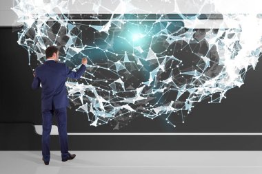 Bir duvara 3d render bağlantı ağ kullanarak iş adamı