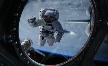 Astronot bir uzay istasyonu 3d işleme öğeleri inci üzerinde çalışma