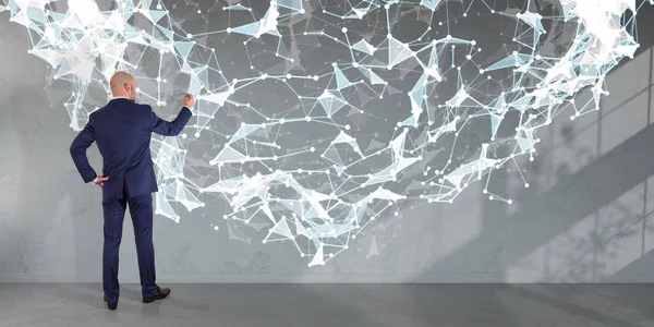Businessman using connection network on a wall 3D rendering