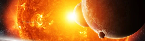惑星の 3 d レンダリング要素に近い空間で爆発する太陽 — ストック写真