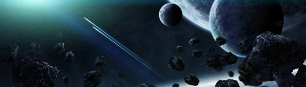 Panoramautsikt över planeter i avlägsna solar system 3d rendering e — Stockfoto