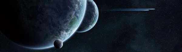 Panoramautsikt över planeter i avlägsna solar system 3d rendering e — Stockfoto