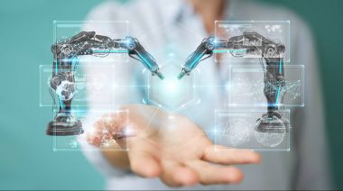 Robotik Kol dijital ekran 3d renderi ile kullanarak iş kadını