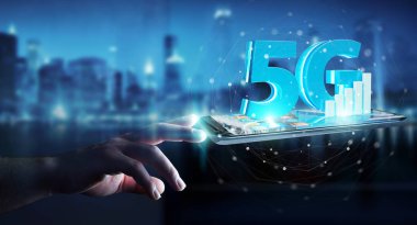 5 g ağ istimal hareket eden telefon 3d render ile işadamı