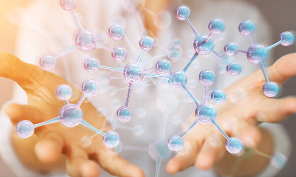 Businesswoman using modern molecule structure 3D rendering