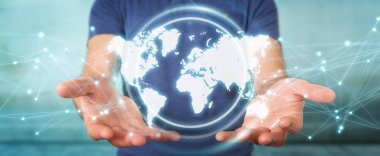 Dijital dünya harita arabirimi 3d işlemesini kullanan iş adamı