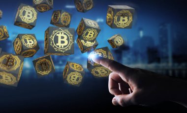 İşadamı bitcoins cryptocurrency 3d işleme kullanarak