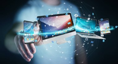 İşadamı teknik cihazlar ve simgeler uygulamaları 3d re bağlanılıyor