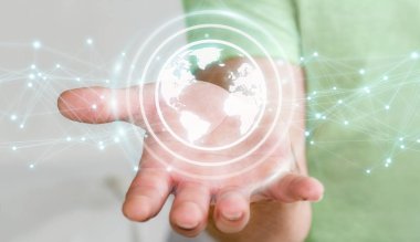 Planet earth ağ küre 3d işlemesini kullanan iş adamı