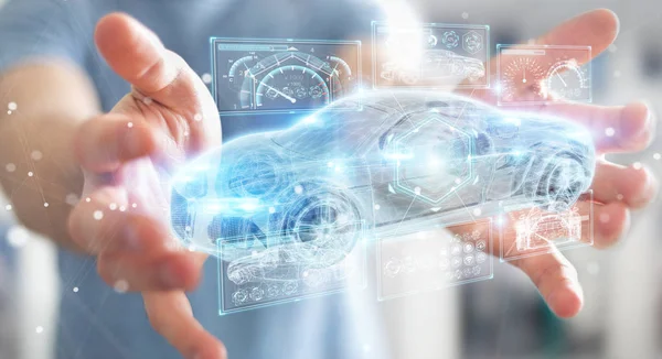 Empresario utilizando la moderna interfaz de coche inteligente 3D renderizado — Foto de Stock