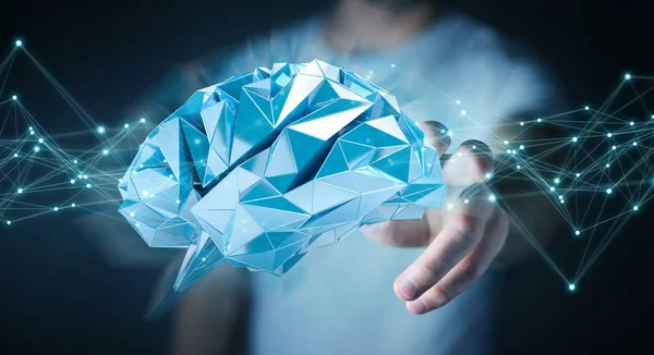 Бизнесмен, использующий цифровой рентгеновский интерфейс человеческого мозга 3D рендери — стоковое фото