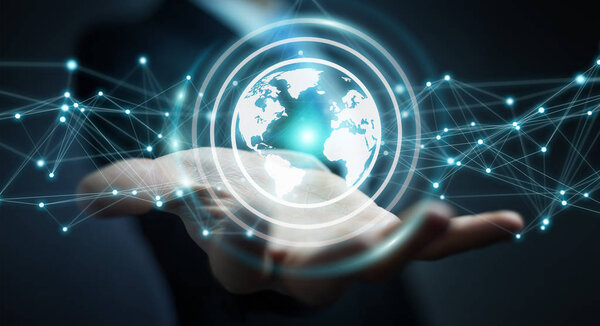 Businessman using planet earth network sphere 3D rendering