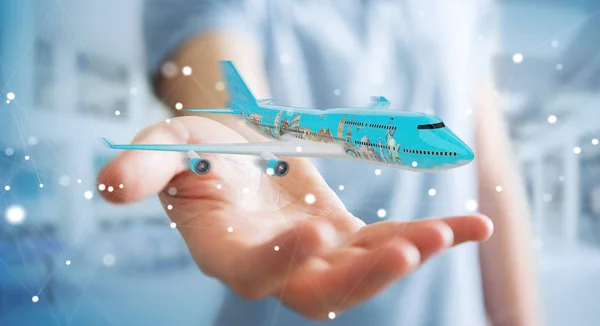Бізнесмен з літаком і відомими пам'ятками світу 3D render — стокове фото